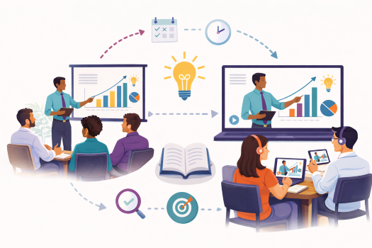 graphic of several people learning from an instructor in a classroom and later reviewing that learning on their devices